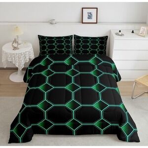 Hexagonal Bedding Set 3D Geometric Honeycomb Comforter Set Green Sz King